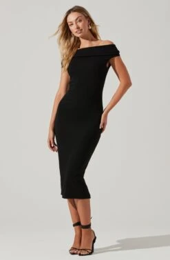 Off Shoulder Long Bodycon Midi Dress -Dresses Sales Store DR97762 BLACK 2